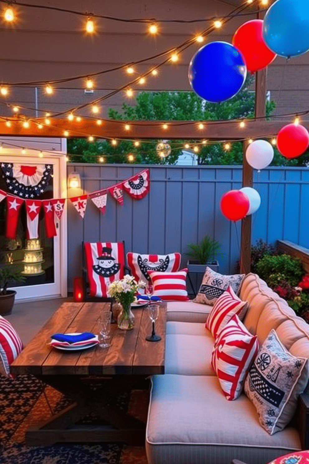 A cozy outdoor space adorned with festive string lights creating a warm and inviting atmosphere. The lights are draped elegantly across the patio, illuminating a rustic wooden table set for a gathering. A vibrant loft decorated for Independence Day featuring red, white, and blue accents. Banners and balloons are strategically placed, while a stylish sectional sofa is adorned with themed throw pillows for a festive touch.