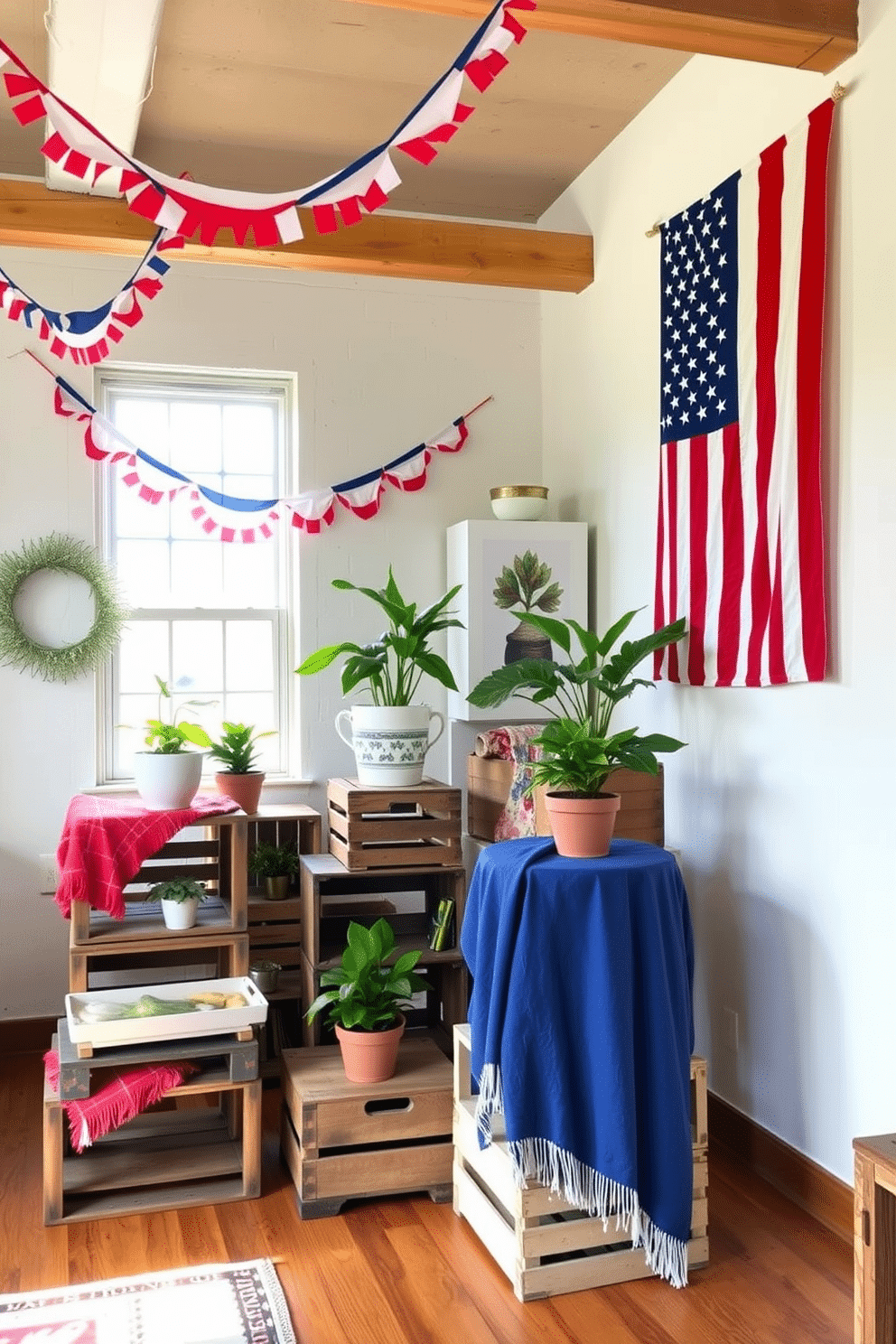 A cozy loft space featuring vintage crates used as decorative tables. The crates are stacked in various heights, adorned with potted plants and colorful throw blankets. For Independence Day, the loft is decorated with red, white, and blue accents. Festive bunting hangs from the ceiling, and a large American flag is displayed prominently on one wall.