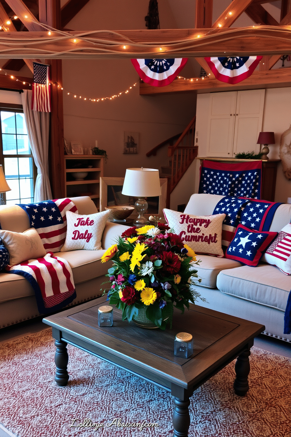 A cozy living room adorned with patriotic themed quilts draped over plush sofas. The quilts feature red, white, and blue patterns that celebrate Independence Day, adding a festive touch to the space. The loft is decorated with string lights and small American flags, creating a warm and inviting atmosphere. A coffee table is adorned with a centerpiece of seasonal flowers in vibrant colors, complementing the overall theme.