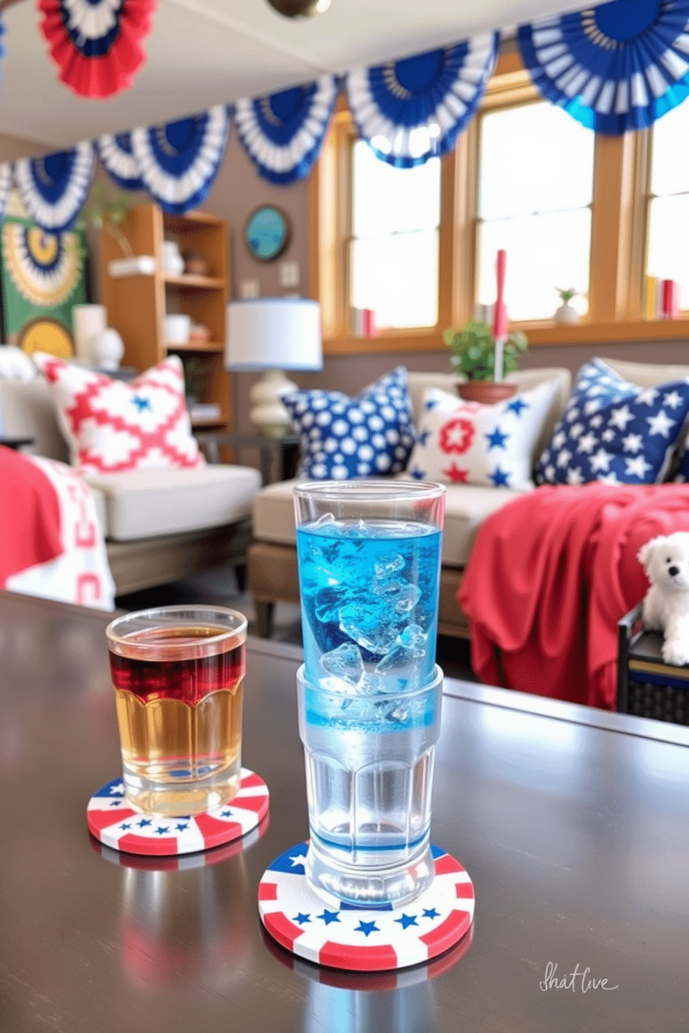 Independence Day themed coasters for drinks. The coasters feature a vibrant red, white, and blue color scheme with stars and stripes designs, perfect for celebrating the holiday. Independence Day Loft Decorating Ideas. The loft is adorned with patriotic bunting, and the furniture is accented with cushions and throws in festive colors, creating a lively and inviting atmosphere for gatherings.