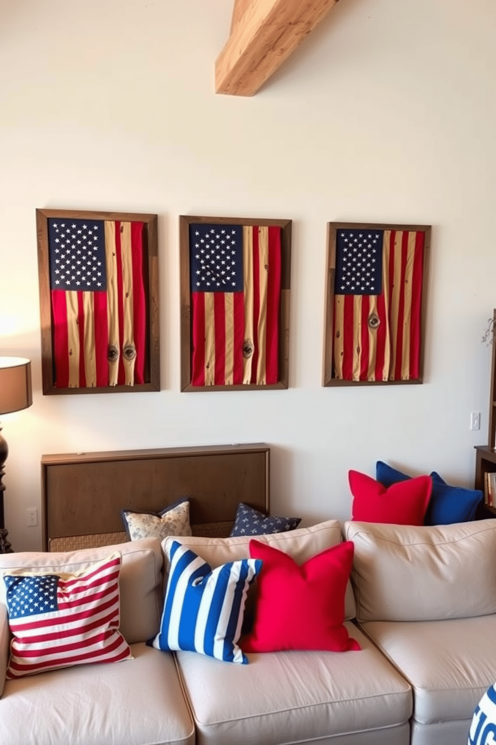 A cozy loft space adorned with vintage American flags as wall art. The flags are framed in rustic wood, creating a warm and patriotic atmosphere. The room features a mix of contemporary and vintage furniture, with a large sectional sofa in a neutral tone. Bright red and blue throw pillows add a festive touch, complementing the Independence Day theme.