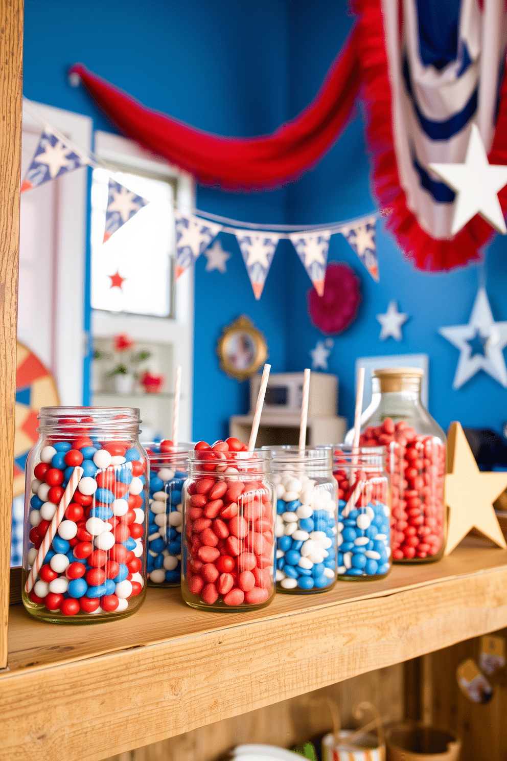 Decorative jars filled with red white and blue candies are arranged on a rustic wooden shelf. The loft features a vibrant color palette with festive bunting and star-shaped accents adorning the walls.