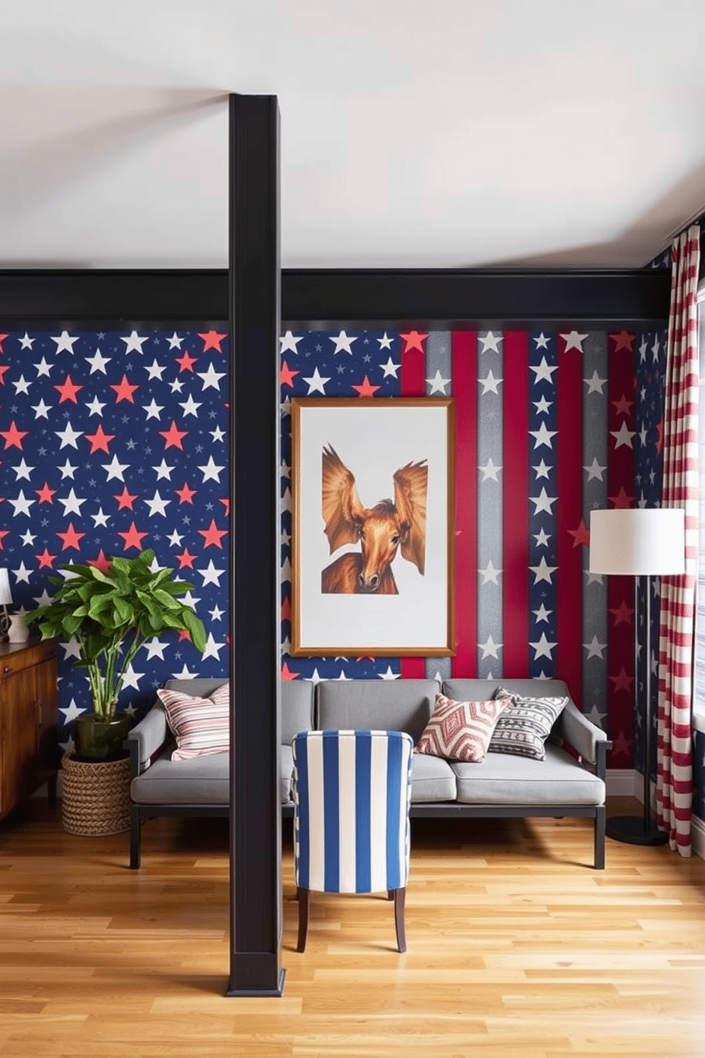 A striking loft space adorned with bold wallpaper featuring stars and stripes. The walls create a festive atmosphere, celebrating Independence Day with vibrant colors and patterns.