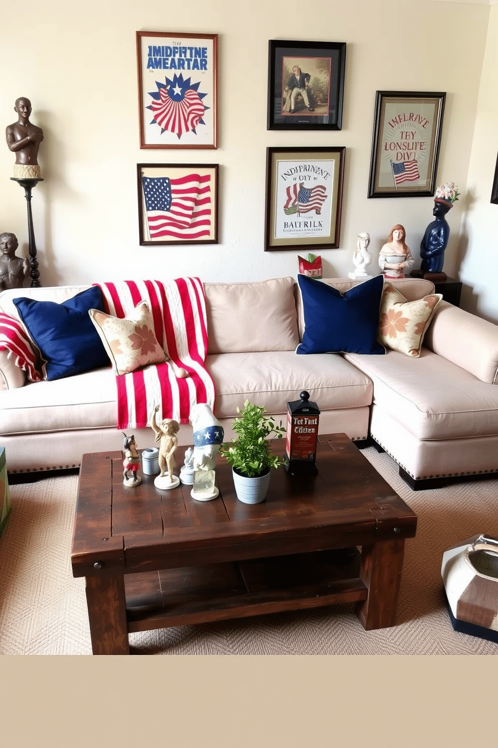 A cozy loft space adorned with Americana inspired sculptures and figurines. The room features a large sectional sofa draped with a red and white striped throw blanket, complemented by blue accent pillows. On a rustic wooden coffee table, a collection of vintage Americana figurines is displayed alongside a small potted plant. The walls are painted in a soft cream color, adorned with framed artwork celebrating Independence Day themes.