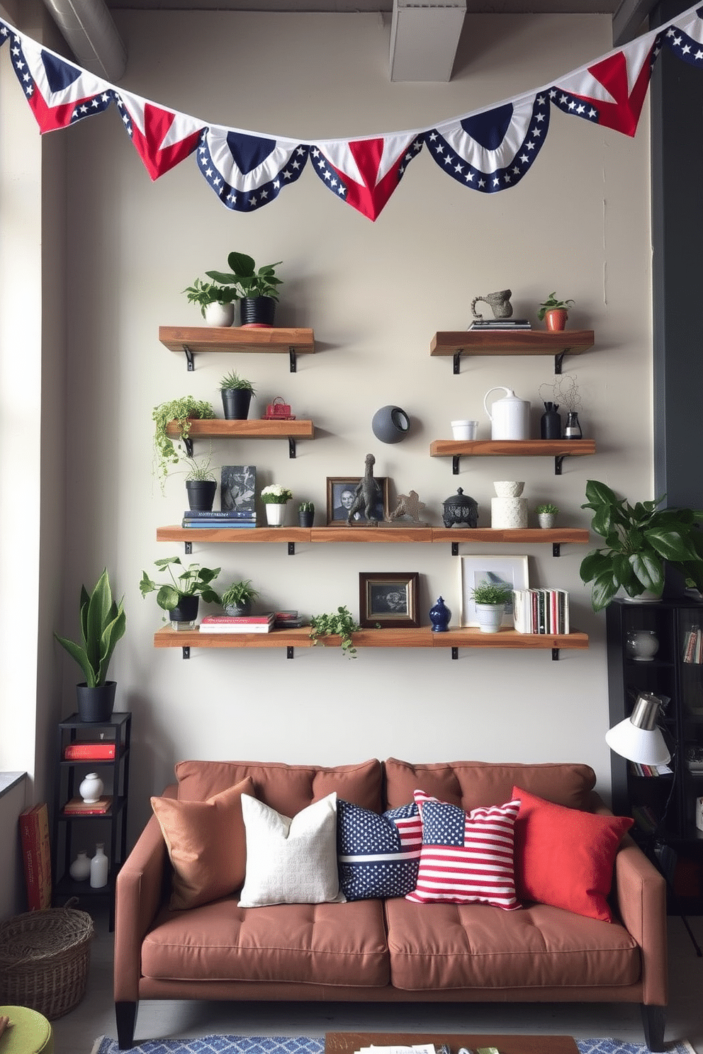 A modern loft space featuring wall-mounted shelves made of reclaimed wood. The shelves are filled with a curated selection of decor items, including plants, books, and unique sculptures. For Independence Day, the loft is adorned with red, white, and blue accents. Festive bunting hangs from the ceiling, and a cozy seating area is decorated with throw pillows in patriotic colors.