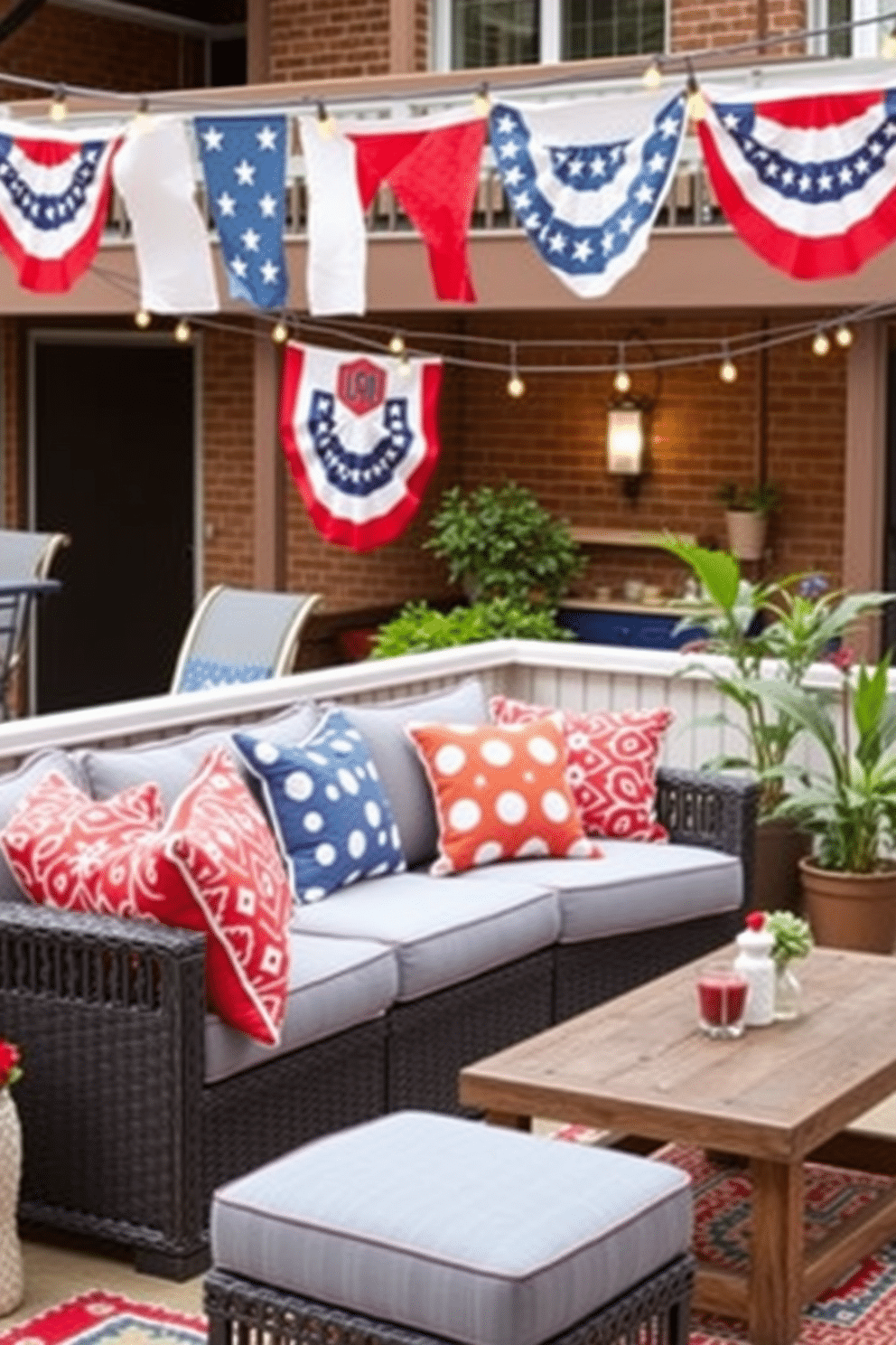 Colorful cushions for outdoor seating areas. Brightly patterned cushions in shades of red, white, and blue are arranged on a comfortable sectional sofa. Independence Day Loft Decorating Ideas. The loft features festive decorations with string lights and banners, creating a cheerful atmosphere perfect for celebrating the holiday.