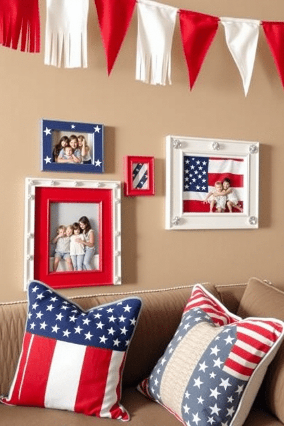 Patriotic themed picture frames for family photos. The frames are adorned with red white and blue colors featuring stars and stripes designs. Independence Day Loft Decorating Ideas. The loft is decorated with festive bunting and cushions that showcase the American flag in a stylish and modern way.