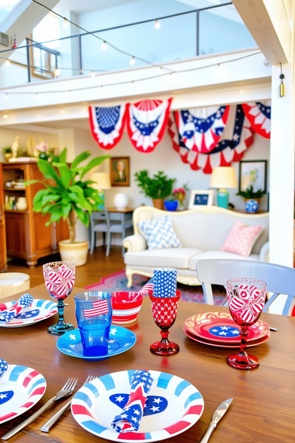 Independence Day themed dishware for meals. The table is set with vibrant red, white, and blue plates featuring stars and stripes, complemented by matching napkins and glassware adorned with patriotic motifs. Independence Day Loft Decorating Ideas. The loft is adorned with string lights and festive banners, while a cozy seating area features a mix of vintage and modern furniture, creating a welcoming atmosphere for celebration.