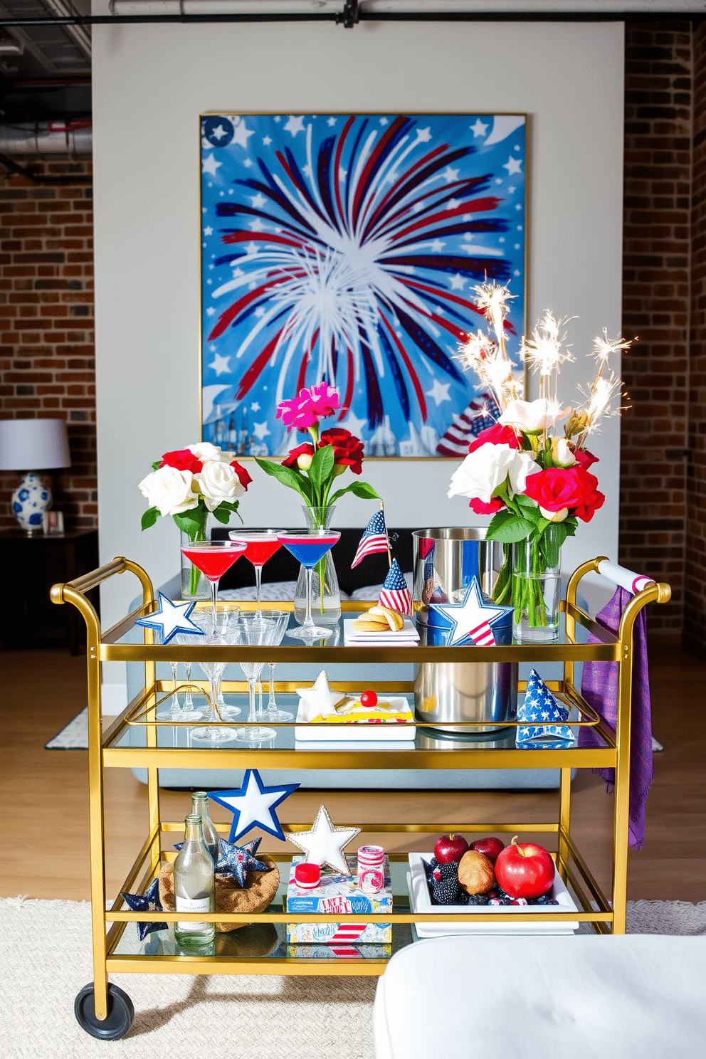 A stylish bar cart is adorned with festive decorations for the holiday. Red white and blue themed cocktails are displayed alongside patriotic snacks and decorative stars. The bar cart features elegant glassware and a chic ice bucket. Fresh flowers in a vase add a touch of color while sparklers are arranged for a celebratory atmosphere. Loft decorating ideas embrace an open space with industrial elements. Exposed brick walls are complemented by modern furniture and vibrant artwork that reflects the spirit of Independence Day.