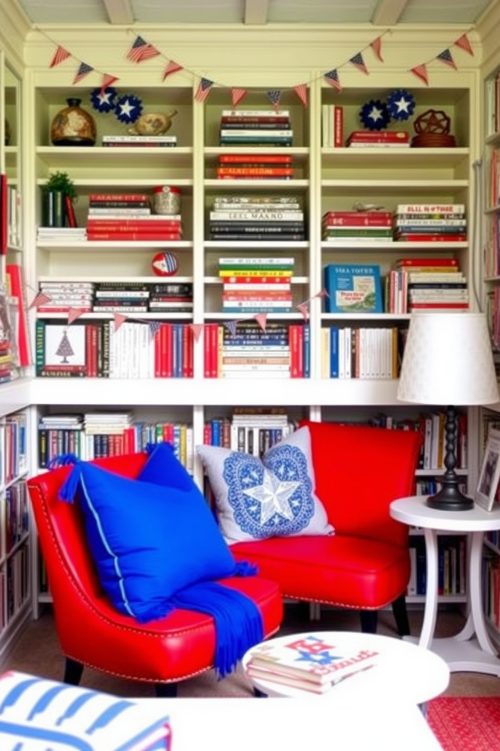 A vibrant display of books arranged in a red white and blue theme. The shelves are adorned with patriotic decorations and small flags, creating a festive atmosphere for Independence Day. The loft features a cozy reading nook with a red armchair and a white side table. Blue accents in the throw pillows and artwork complete the celebratory look while maintaining a stylish and inviting space.