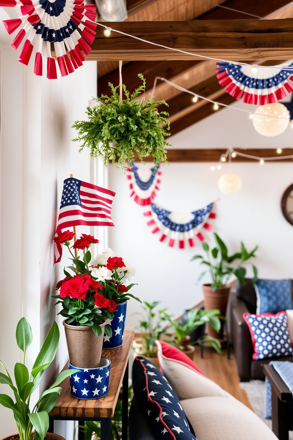 Create a vibrant indoor space featuring patriotic themed potted plants that celebrate Independence Day. Incorporate red white and blue flowers in stylish pots arranged on a rustic wooden shelf against a backdrop of soft white walls. Design a cozy loft area adorned with festive decorations for Independence Day. Use string lights and banners to enhance the atmosphere while providing comfortable seating with cushions in patriotic colors.