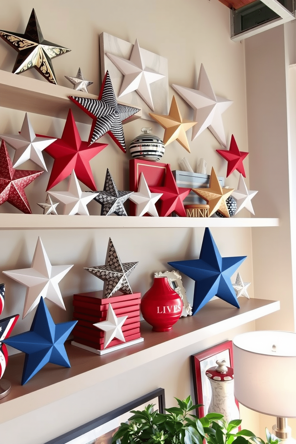 A stylish loft decorated for Independence Day features shelves adorned with star-shaped decorative accents in various sizes and finishes. The overall color scheme includes red, white, and blue elements, creating a festive yet sophisticated atmosphere.