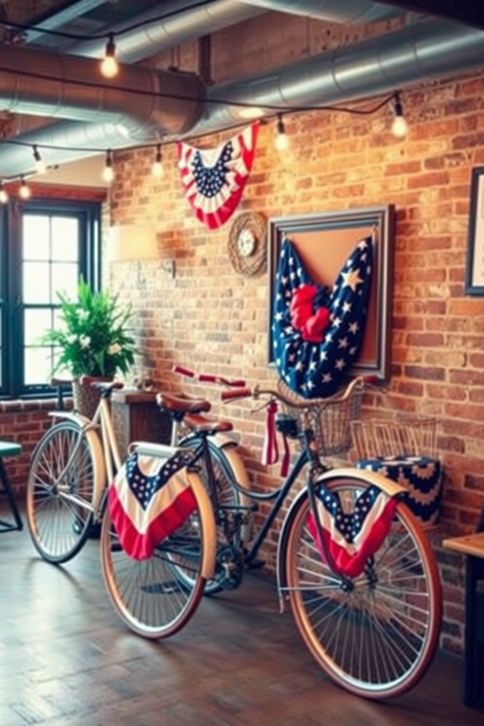 A cozy loft decorated for Independence Day features vintage bicycles adorned with red white and blue flags. The bicycles are positioned against a brick wall with string lights overhead creating a festive and inviting atmosphere.