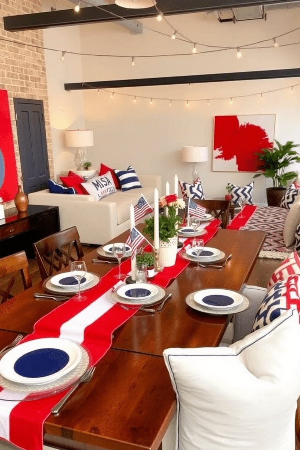 A festive dining table setting featuring red white and blue table runners draped elegantly across a polished wooden table. The table is adorned with matching plates and glassware, complemented by small decorative flags and candles for a patriotic touch. A stylish loft decorated for Independence Day showcasing vibrant red white and blue accents throughout the space. Bold artwork and cushions in these colors create a celebratory atmosphere, while string lights add a warm glow to the room.