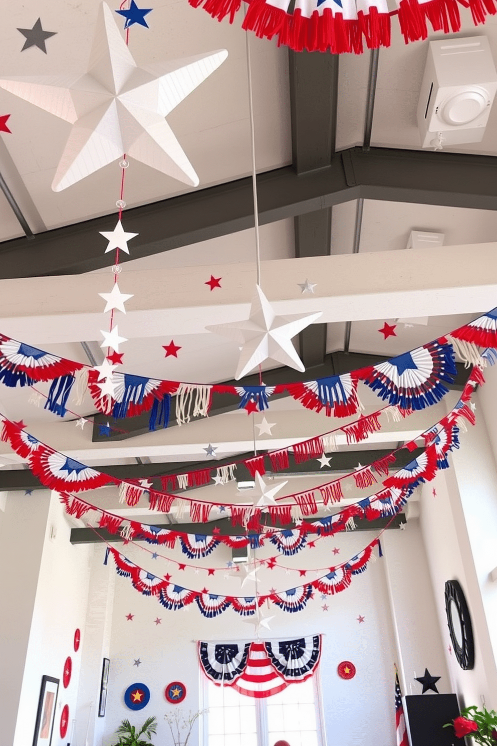 A vibrant loft decorated for Independence Day features festive garlands adorned with stars and stripes hanging from the ceiling. The walls are painted in a crisp white, and red, white, and blue accents are scattered throughout the space, creating a cheerful and patriotic atmosphere.