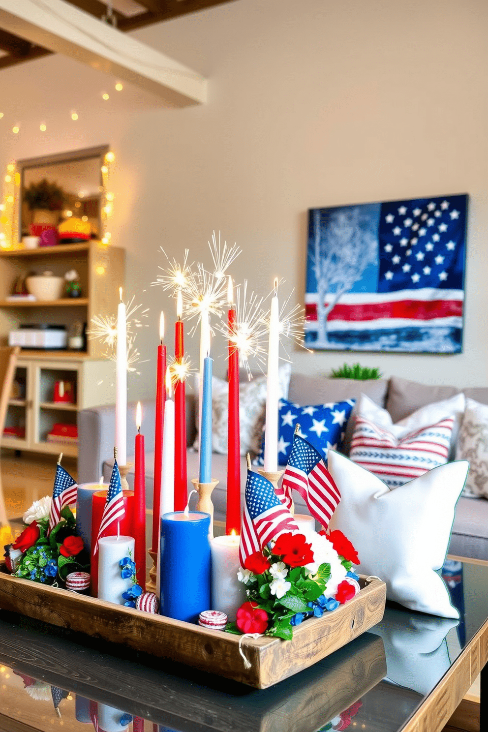 A festive Independence Day themed candle arrangement. The display features an assortment of red white and blue candles in varying heights arranged on a rustic wooden tray. Colorful sparklers are placed among the candles adding a touch of whimsy. Surround the arrangement with small American flags and fresh flowers for a patriotic touch. Independence Day loft decorating ideas create a vibrant atmosphere. Hang string lights in red white and blue across the loft to enhance the celebratory feel. Incorporate bold throw pillows with stars and stripes on the seating. Use a large canvas featuring a patriotic design as a focal point on the main wall.