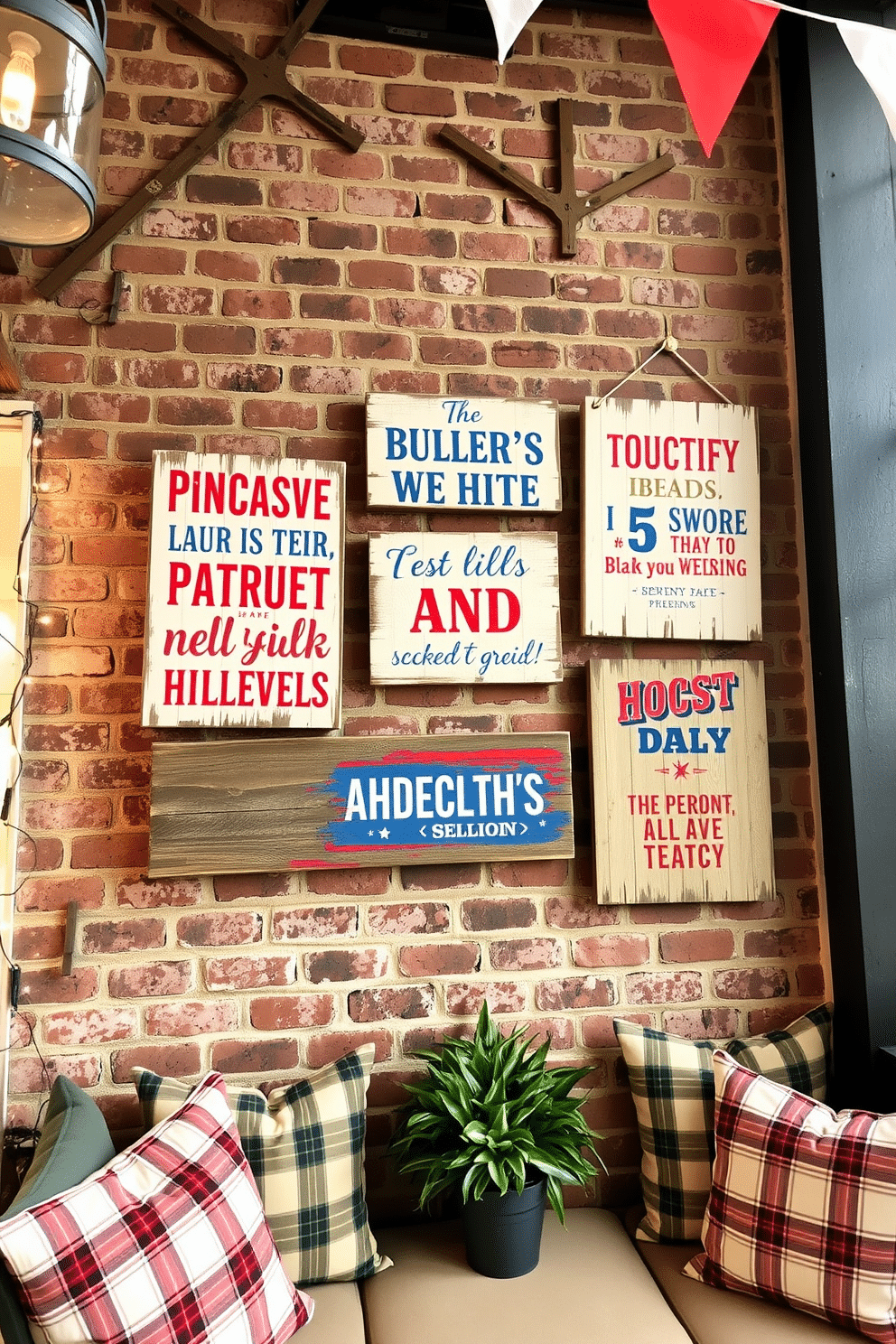 Rustic wooden signs adorned with patriotic quotes hang on a weathered brick wall. The signs feature a mix of red, white, and blue lettering, creating a warm and inviting atmosphere. For Independence Day, the loft is decorated with vibrant bunting and string lights. A cozy seating area with plaid cushions invites guests to celebrate the holiday in style.