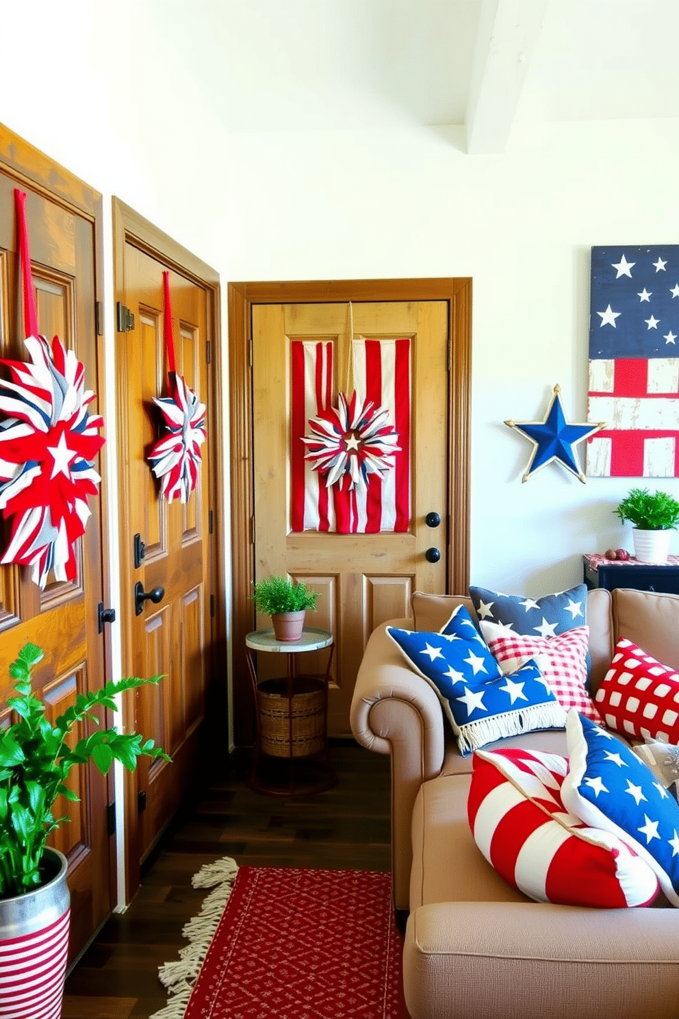 A charming entryway adorned with DIY star and stripe wreaths on the doors. Each wreath is crafted from red white and blue fabric with stars and stripes creating a festive atmosphere. A stylish loft decorated for Independence Day featuring a mix of rustic and modern elements. The space includes a large American flag art piece on the wall and red white and blue throw pillows scattered across a cozy sectional sofa.