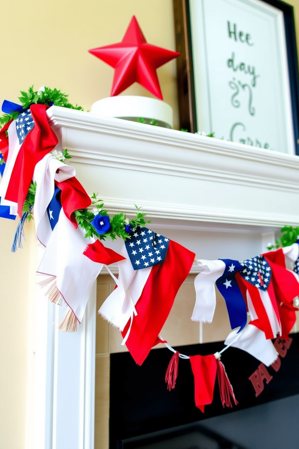 A festive mantel adorned with a patriotic flag garland that drapes elegantly across the top. The garland features vibrant red, white, and blue colors, creating a cheerful atmosphere for Independence Day celebrations.