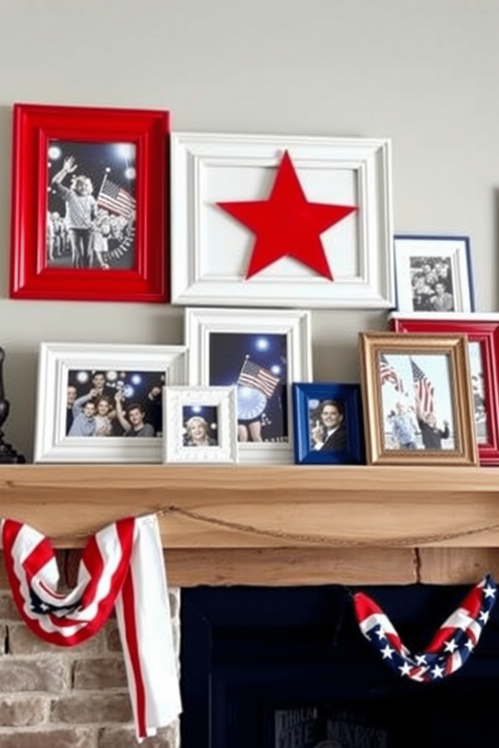 A patriotic themed mantel adorned with various picture frames showcasing Independence Day celebrations. The frames feature red white and blue colors and are arranged in a visually appealing layout against a backdrop of a rustic wooden mantel.