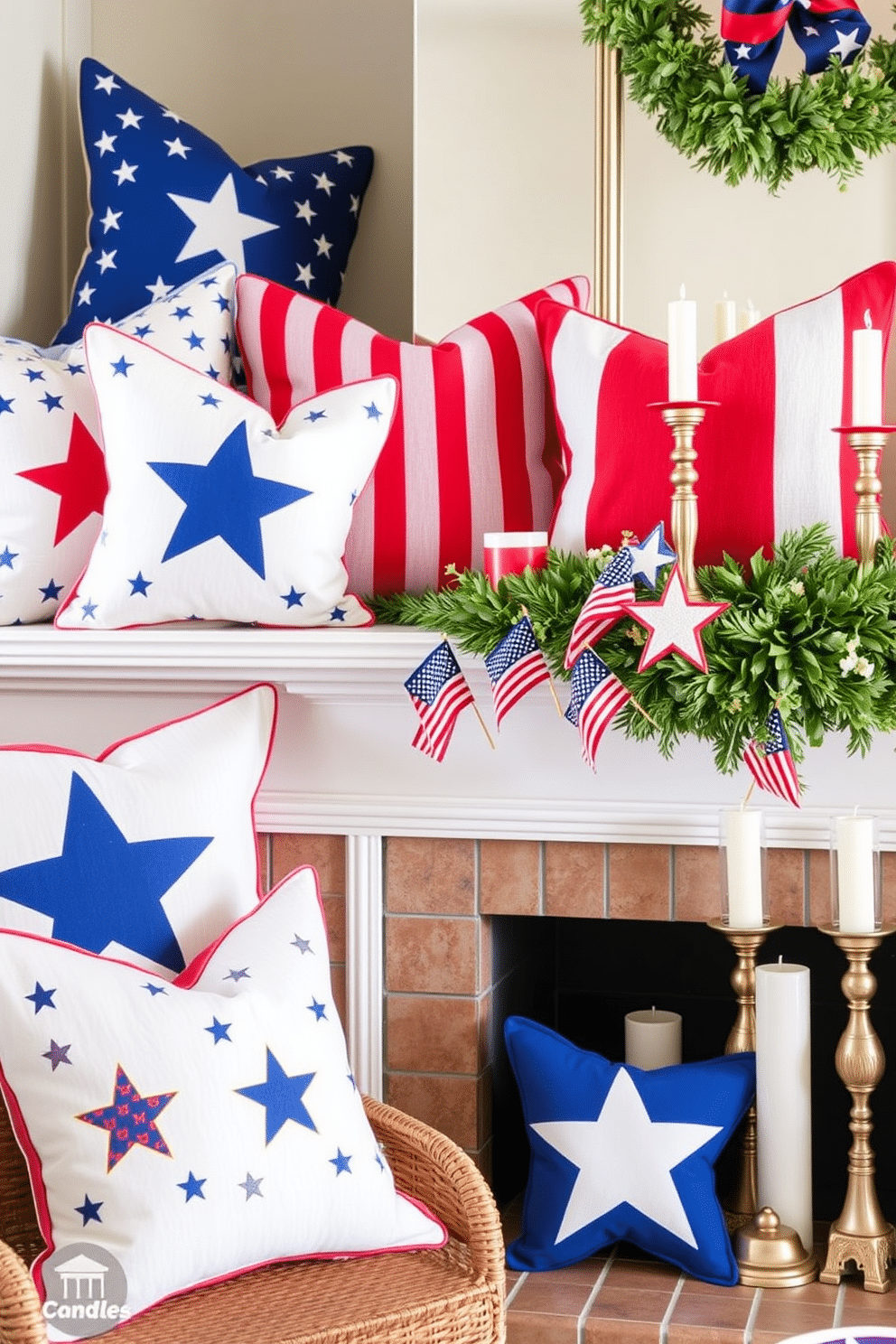 A collection of vibrant throw pillows featuring red white and blue patterns inspired by the Fourth of July. Each pillow showcases stars and stripes designs that evoke a festive spirit perfect for summer gatherings. A beautifully decorated mantel adorned with patriotic elements for Independence Day. Incorporate elements such as miniature American flags candles in red white and blue and seasonal greenery to create a warm and inviting atmosphere.