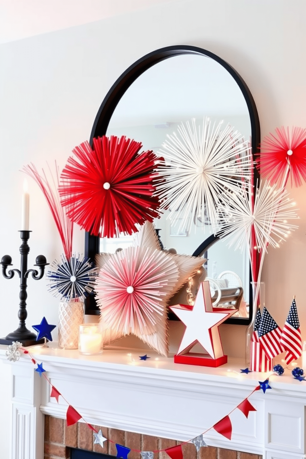 A festive mantel adorned with sparkling fireworks decor. Red white and blue accents create a vibrant display celebrating Independence Day.