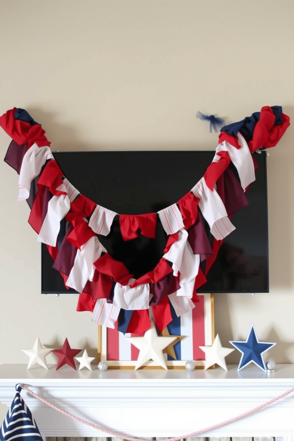 Layered fabric banners in red white and blue hang gracefully across the mantel creating a festive atmosphere. The banners are complemented by small decorative elements like stars and stripes that enhance the patriotic theme.