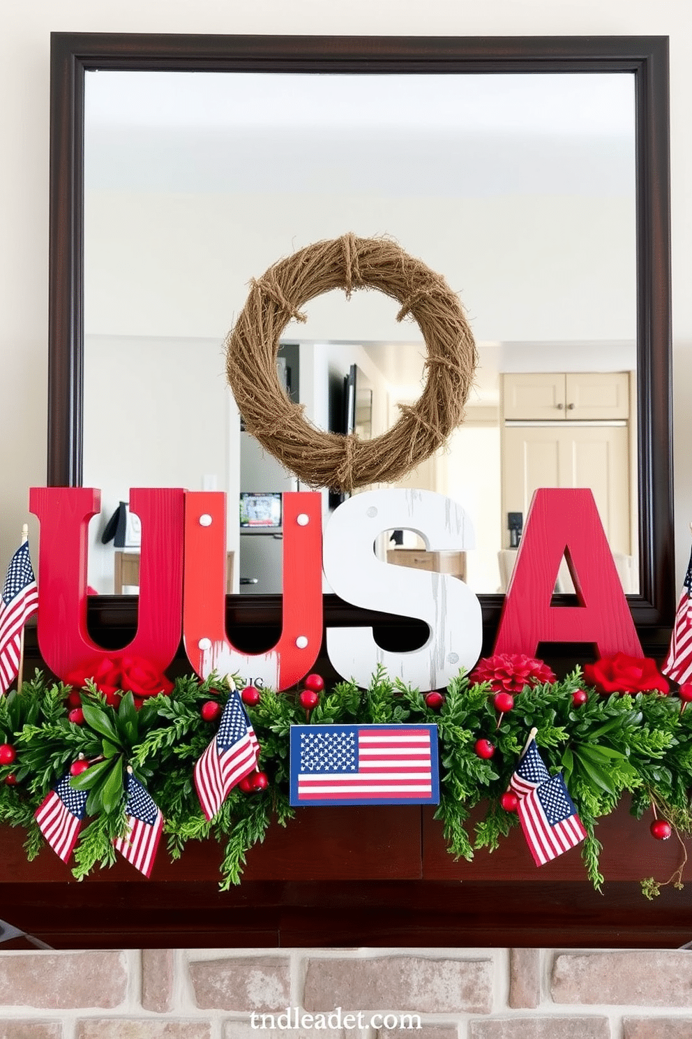 A festive mantel arrangement celebrating Independence Day features wooden letters spelling USA in bold, rustic style. The letters are adorned with red, white, and blue accents, surrounded by small decorative flags and seasonal greenery for a cheerful touch.