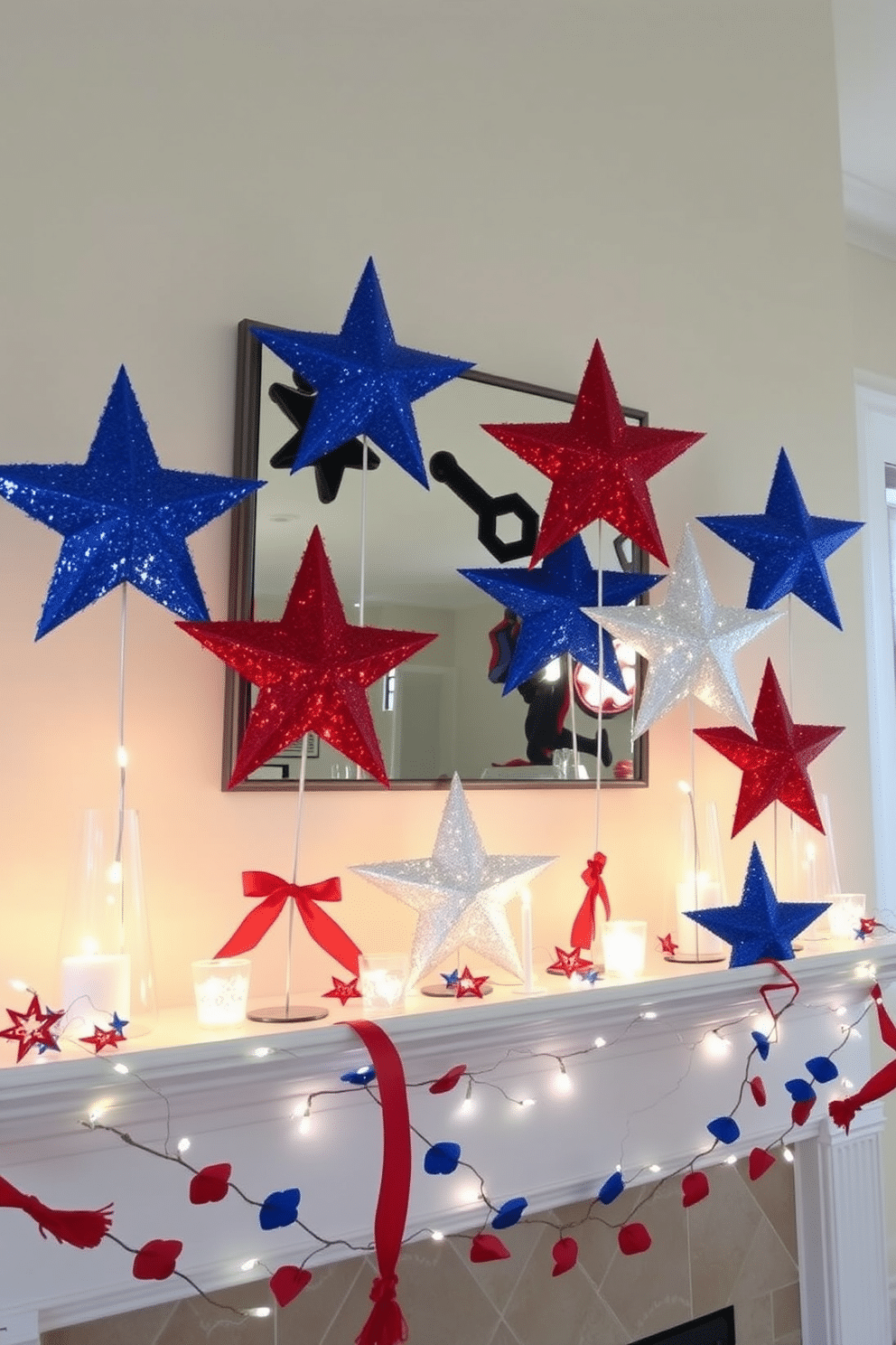 A festive mantel adorned with glittery star centerpieces creates a vibrant celebration of Independence Day. The stars, in red, white, and blue hues, are arranged in varying heights, adding depth and sparkle to the display.