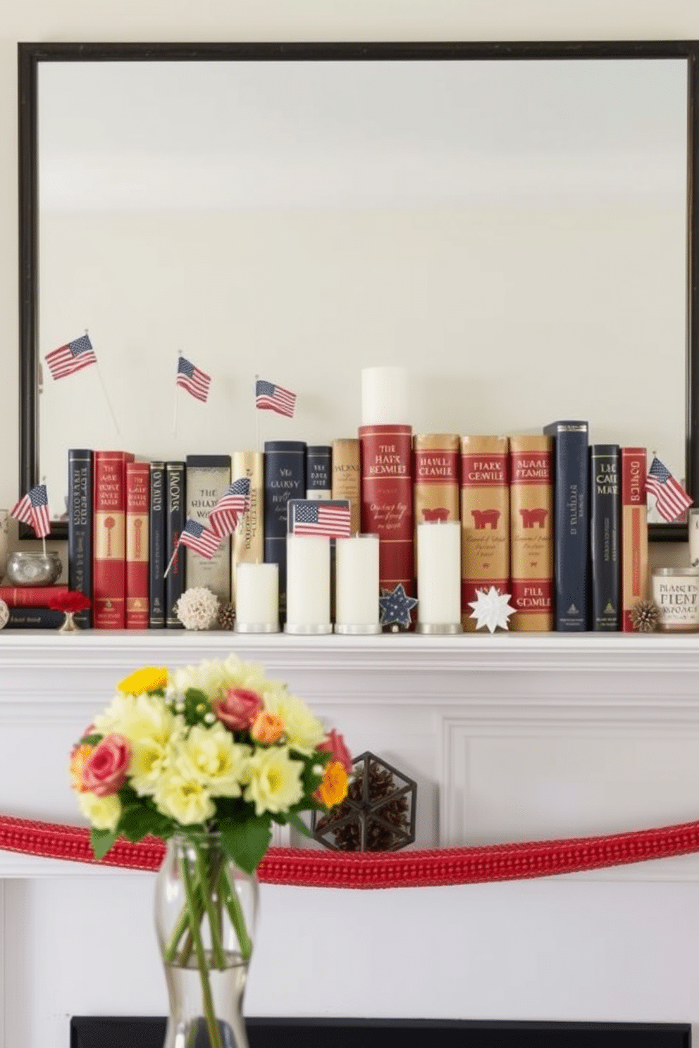 A cozy living room setting featuring a mantel adorned with seasonal books that have patriotic covers. The mantel is decorated with red, white, and blue accents, including small flags and star-shaped ornaments. On the mantel, a collection of candles in varying heights adds warmth to the display. Fresh flowers in a vase complement the theme, bringing a touch of nature to the festive decor.