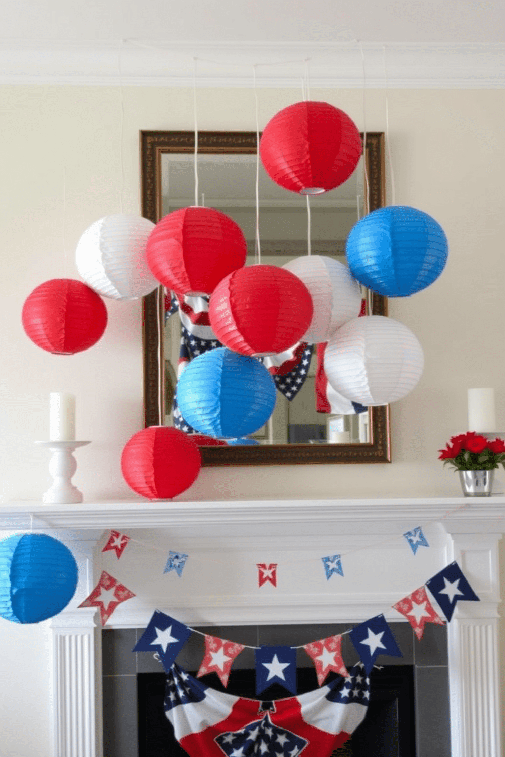 A festive mantel decorated for Independence Day features hanging paper lanterns in vibrant red, white, and blue. The lanterns are arranged in a playful pattern, creating a cheerful and patriotic atmosphere.