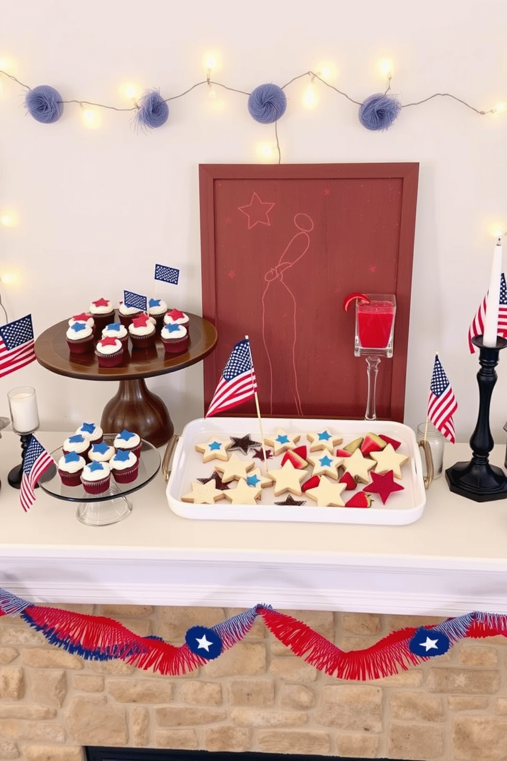 A festive mantel decorated for Independence Day features a collection of decorative trays displaying themed snacks such as red, white, and blue cupcakes, star-shaped cookies, and fresh fruit arranged in patriotic colors. The mantel is adorned with small American flags, candles in glass holders, and a backdrop of string lights that create a warm and inviting atmosphere.