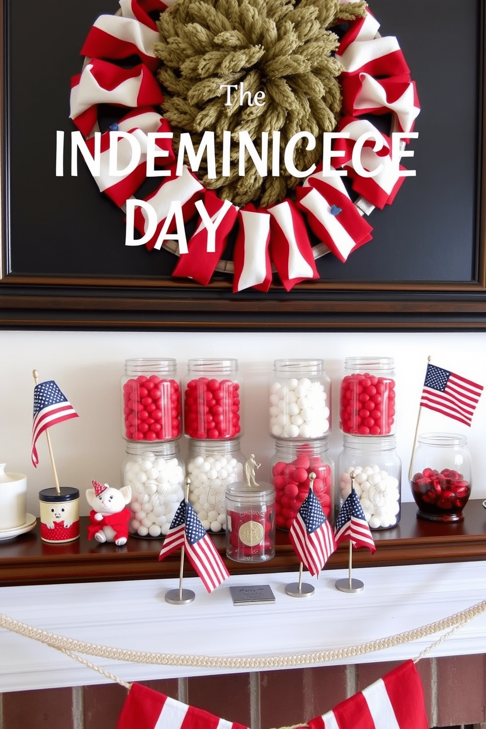 A charming mantel decorated for Independence Day features an array of glass jars filled with red and white candies. The jars are artfully arranged alongside small American flags and seasonal decor elements to create a festive atmosphere.