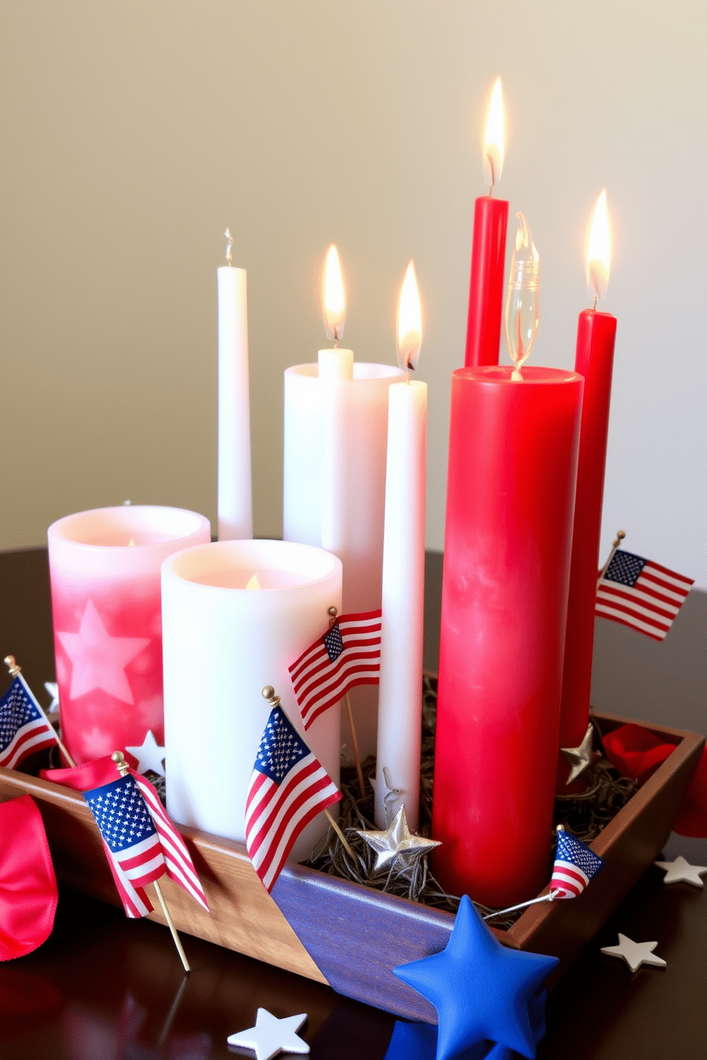 A festive candle arrangement featuring red white and blue candles of varying heights. The candles are grouped together on a rustic wooden tray adorned with small American flags and star-shaped decorations.