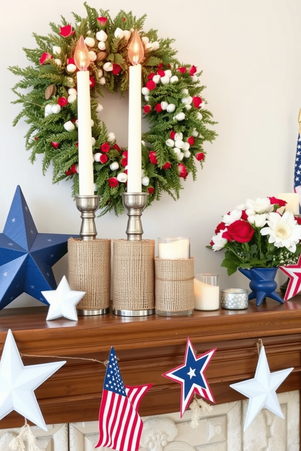 Candle holders wrapped in burlap create a rustic and warm atmosphere. They are arranged on a wooden mantel alongside patriotic decorations, incorporating red, white, and blue accents. Independence Day mantel decorating ideas feature a blend of traditional and modern elements. Incorporate stars and stripes with fresh flowers and festive candles to celebrate the holiday in style.