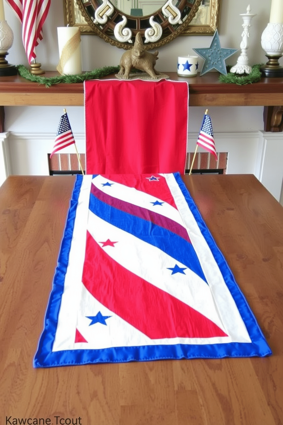 A patriotic themed table runner stretches elegantly across the mantel, showcasing vibrant red white and blue colors. Surrounding the runner are decorative elements such as small American flags and star-shaped candles that enhance the festive atmosphere.