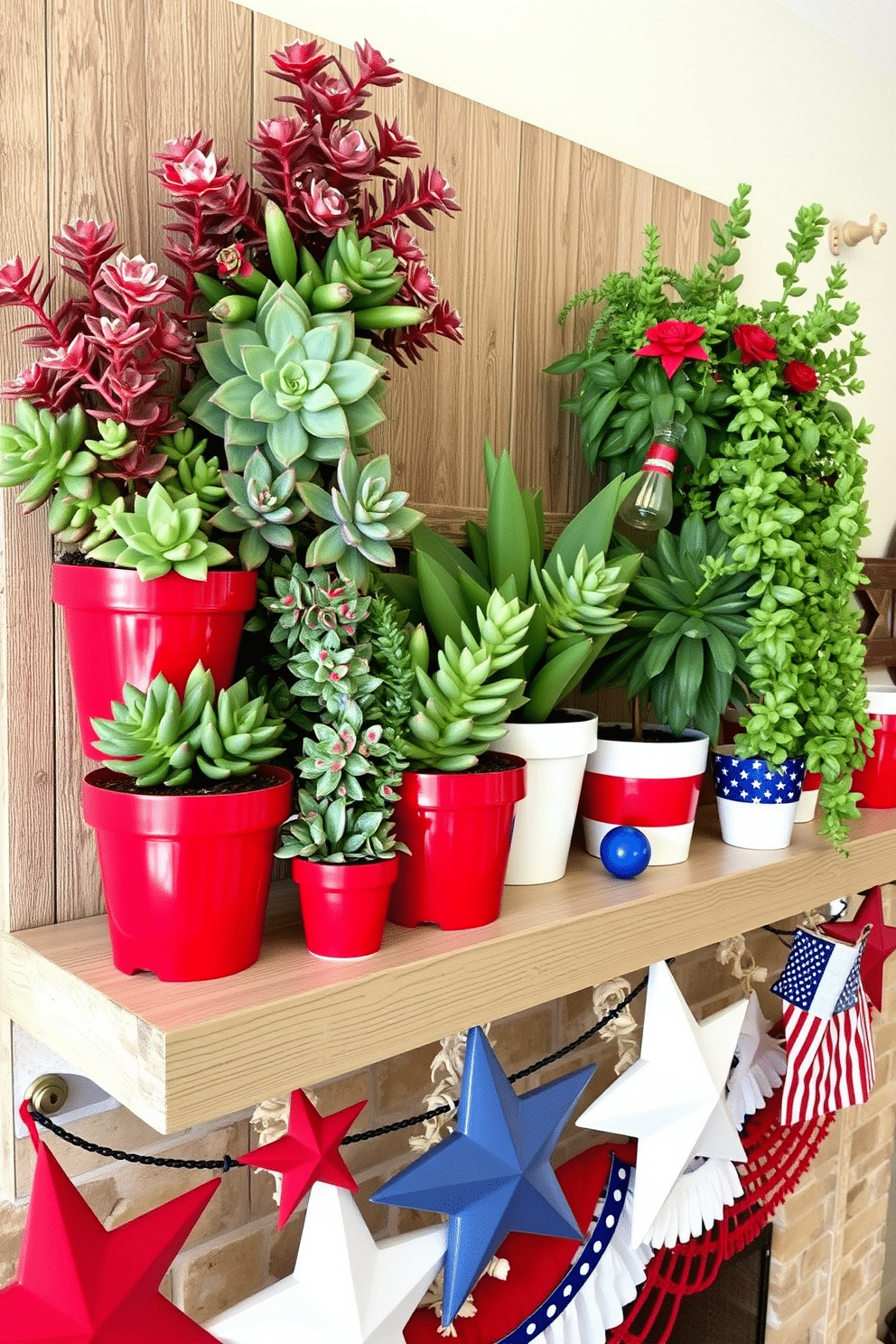 A vibrant arrangement of succulent plants in red and white pots is displayed on a rustic wooden shelf. The pots are varying sizes, adding depth and character to the greenery. For Independence Day, the mantel is adorned with a mix of patriotic decorations. Red, white, and blue accents, including stars and stripes, create a festive atmosphere that celebrates the holiday.