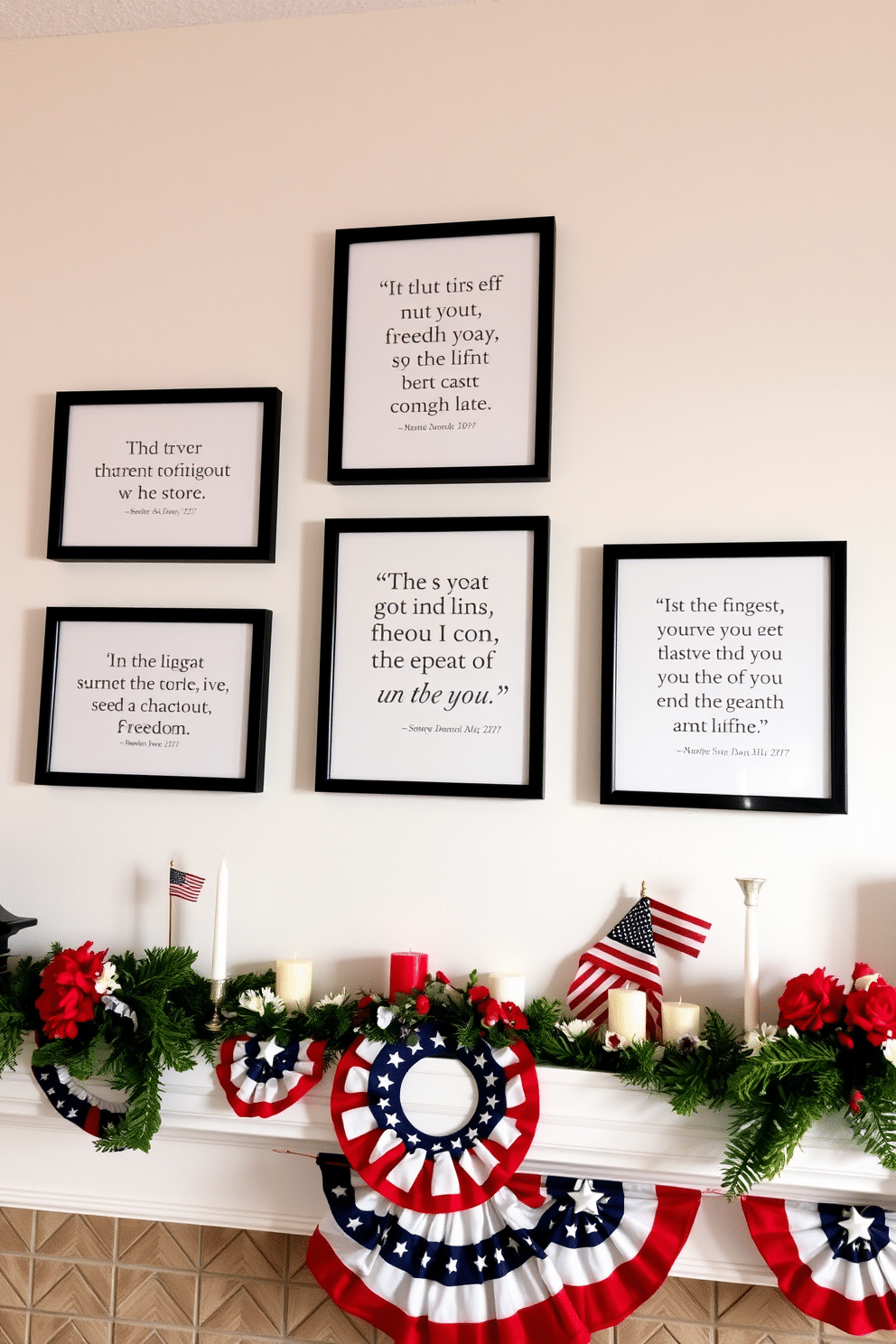 Framed quotes about freedom and independence decorate the mantel, each quote elegantly displayed in a sleek black frame. The backdrop features a soft white wall, allowing the quotes to stand out while creating an inspiring and uplifting atmosphere. The mantel is adorned with festive Independence Day decorations, including red, white, and blue accents. Subtle touches like small flags, candles in patriotic colors, and seasonal flowers complete the look, evoking a sense of celebration and pride.