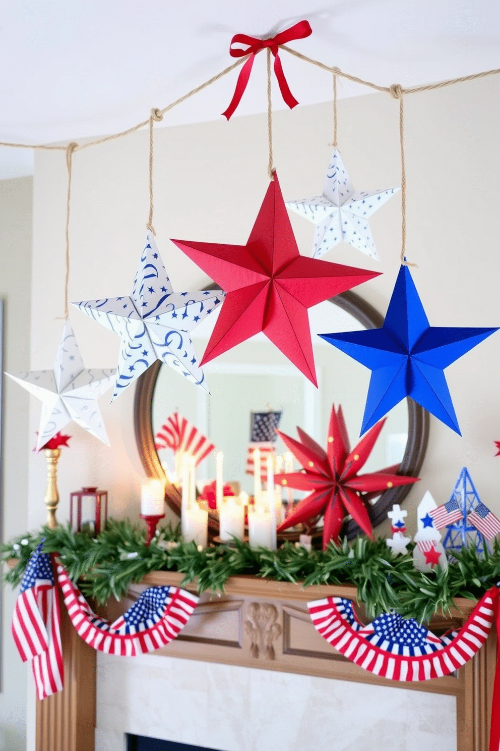 Hanging stars made of fabric and paper are suspended from twine above a beautifully decorated mantel. The mantel is adorned with red white and blue accents celebrating Independence Day with candles and small flags.