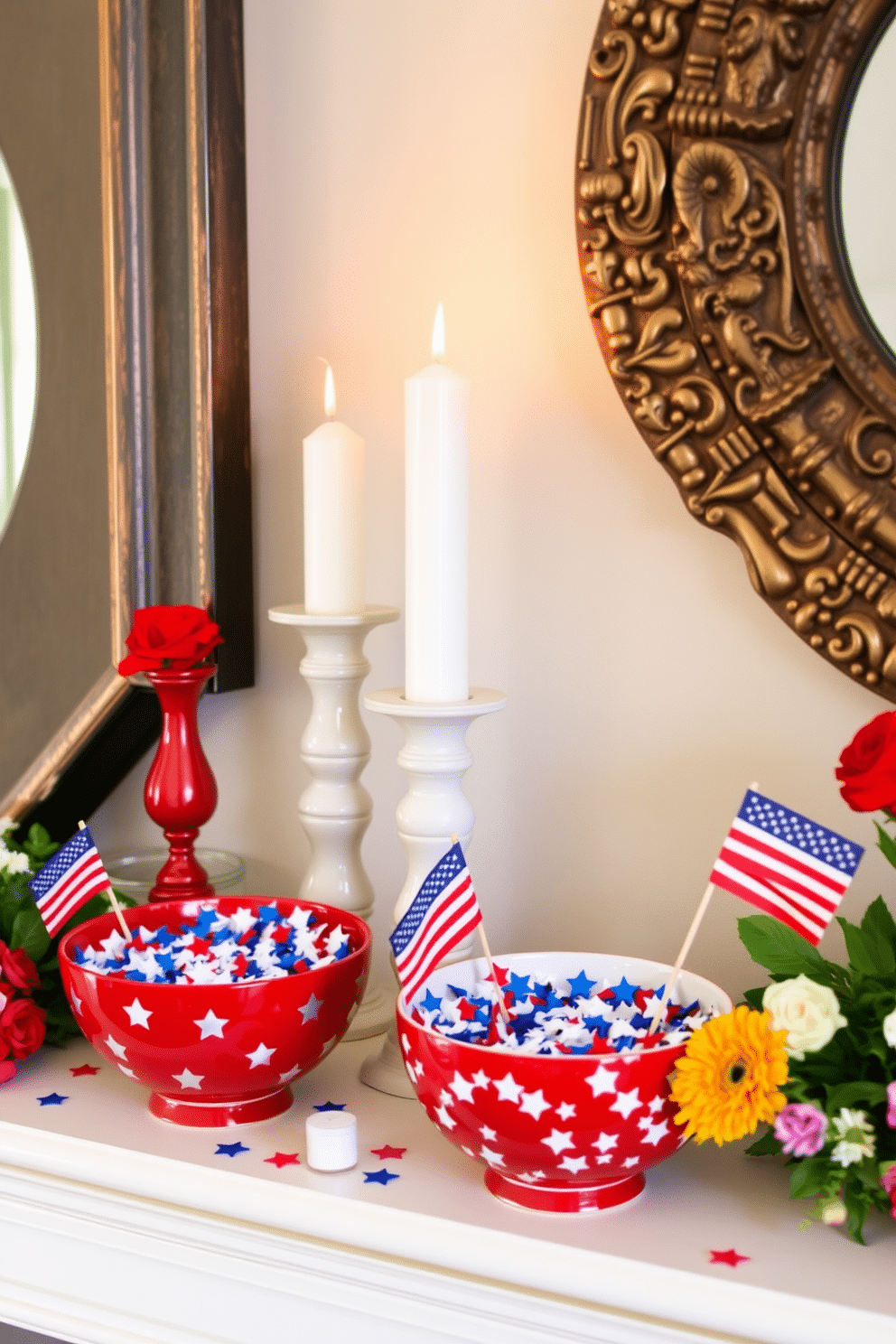 Decorative bowls filled with star confetti create a festive and vibrant atmosphere for your Independence Day celebration. Arrange these bowls on your mantel to add a touch of sparkle and whimsy to your decor. Incorporate red, white, and blue elements alongside the bowls for a cohesive theme. Use candles, small flags, and seasonal flowers to enhance the patriotic spirit of your mantel display.