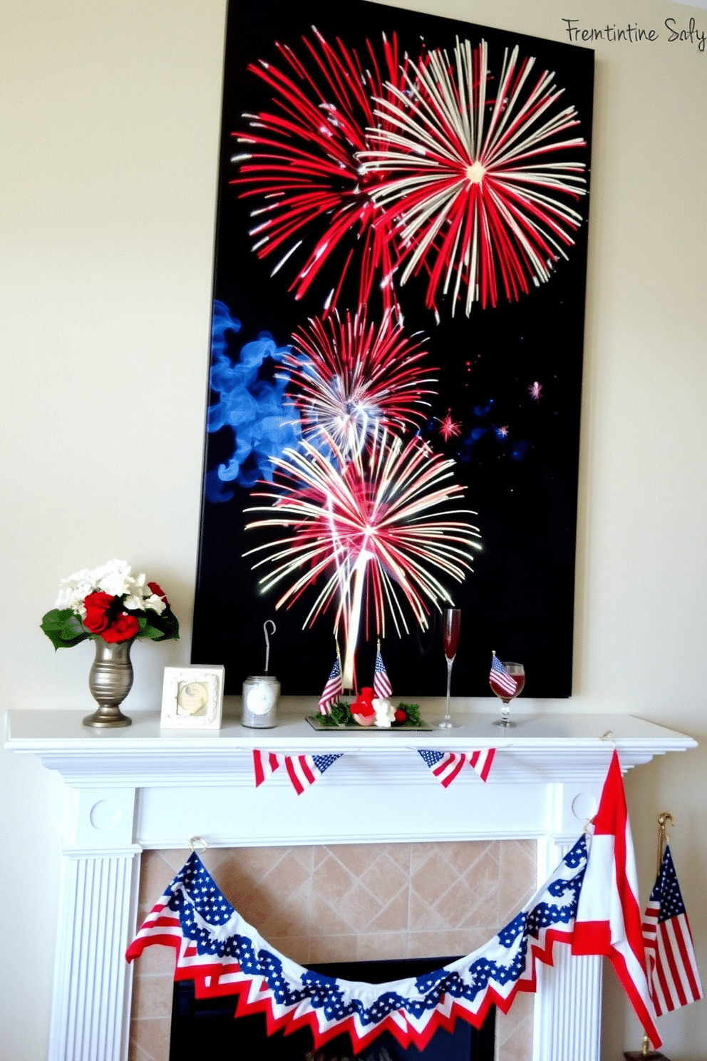 A vibrant display of colorful fireworks artwork is prominently showcased above the mantel, capturing the festive spirit of Independence Day. The mantel is adorned with red, white, and blue decorations, including small flags and seasonal floral arrangements, creating a patriotic atmosphere.