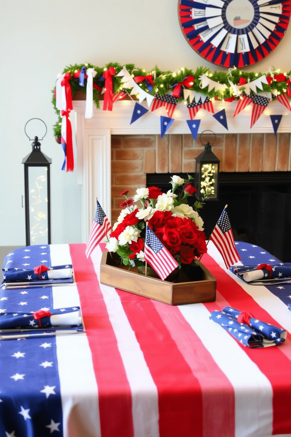 A patriotic themed table setting features a vibrant red, white, and blue tablecloth adorned with star-patterned napkins. Centered on the table is a rustic wooden tray filled with fresh flowers in red and white hues, alongside small American flags for added flair. For Independence Day mantel decorating ideas, the mantel is draped with a garland of red, white, and blue bunting. Flanking the garland are decorative lanterns filled with fairy lights, creating a warm and festive ambiance for the celebration.