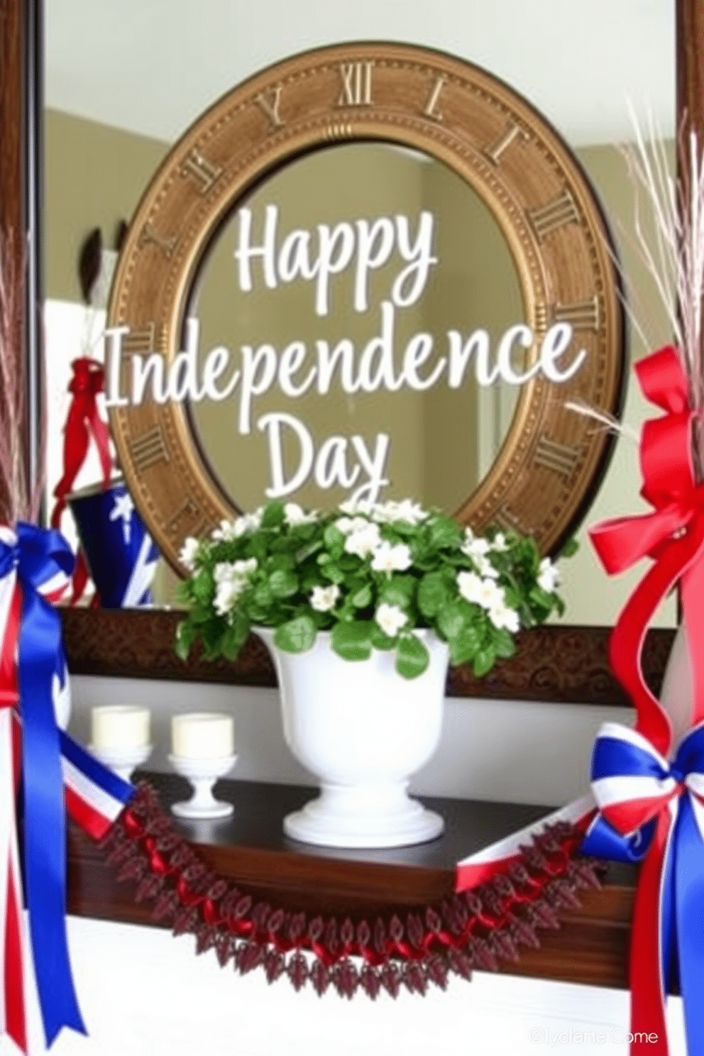 A festive mantel display celebrating Independence Day featuring red white and blue ribbon accents. The ribbons are elegantly draped and tied into bows, enhancing the patriotic theme with a mix of vibrant colors.