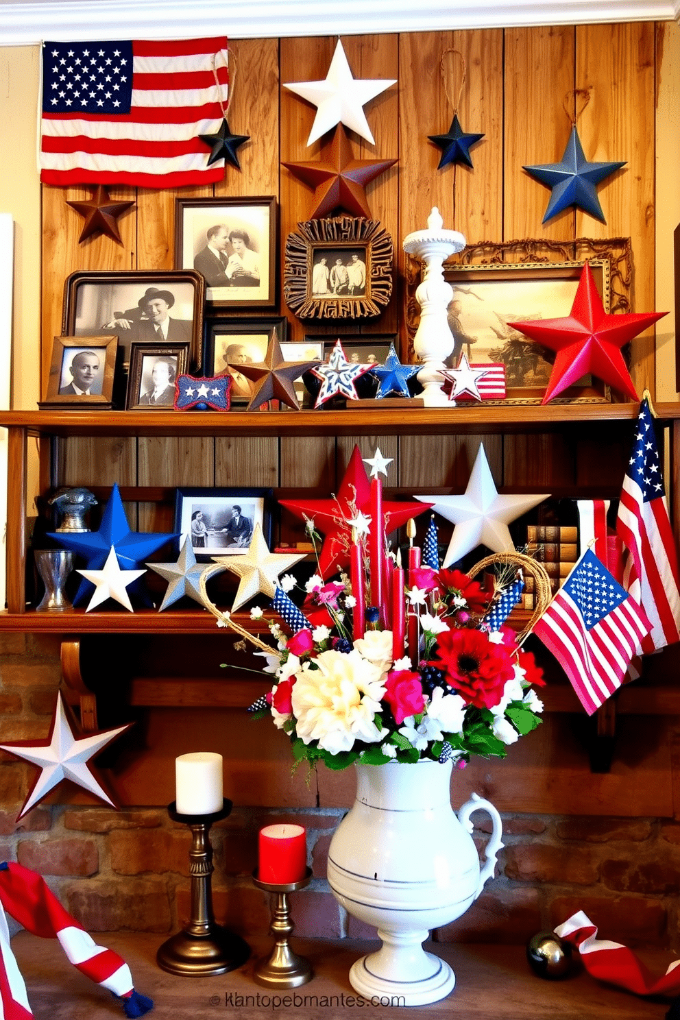 A vintage Americana memorabilia display featuring a rustic wooden shelf adorned with various patriotic items. The shelf includes vintage flags, old photographs, and classic red white and blue decorations that evoke a sense of nostalgia. Independence Day mantel decorating ideas showcasing a vibrant arrangement of stars and stripes. The mantel is adorned with a mix of candles in red white and blue hues along with fresh flowers in a vintage vase for a festive touch.