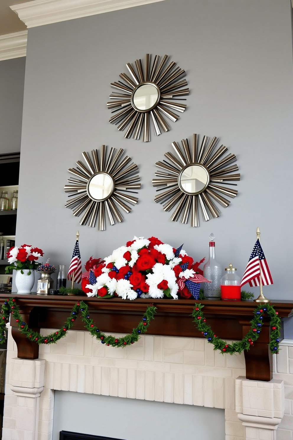 A striking mantel adorned with starburst mirrors reflecting vibrant patriotic colors. The arrangement features red white and blue accents with seasonal decorations celebrating Independence Day.