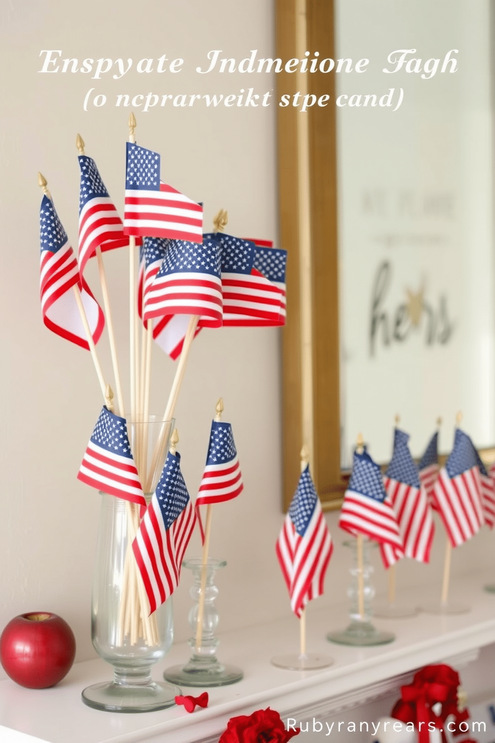 A collection of miniature American flags arranged in elegant glass vases. The vases are strategically placed on a mantel adorned with red white and blue decorations to celebrate Independence Day.