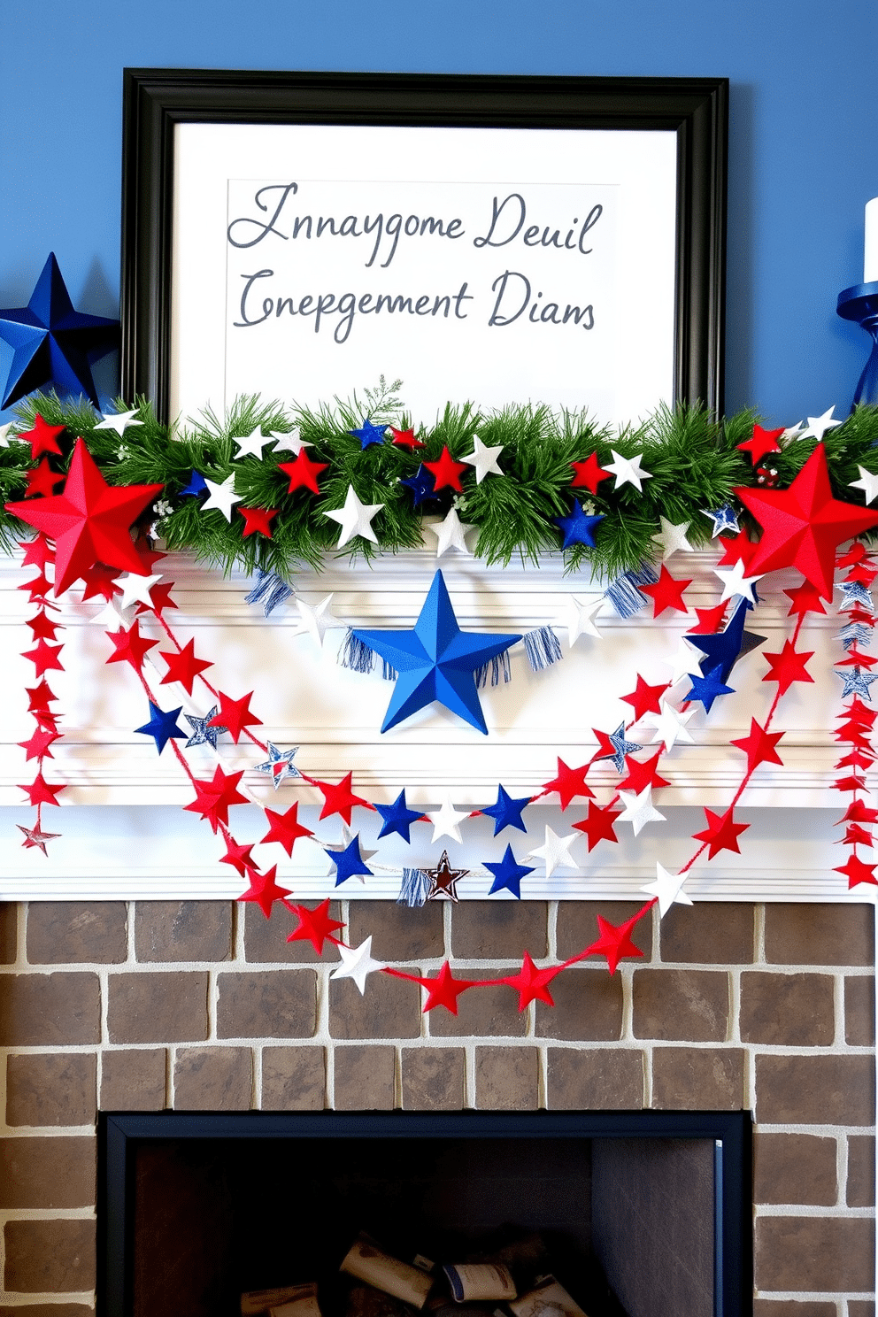 A festive mantel adorned with star-shaped garlands in red white and blue. The garlands drape elegantly across the mantelpiece creating a celebratory atmosphere for Independence Day.