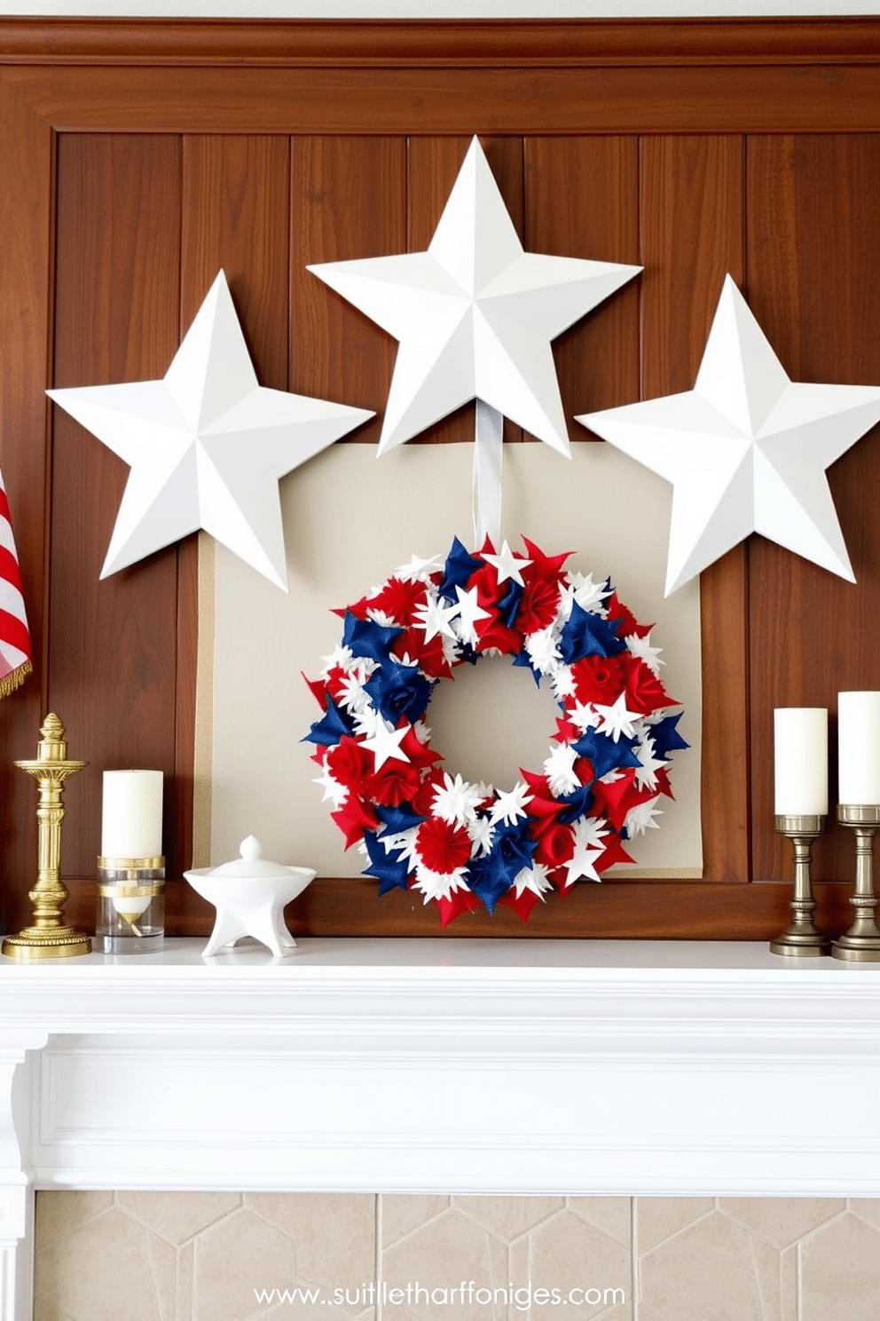 A festive mantel adorned with a wreath made of stars and stripes. The wreath features vibrant red, white, and blue elements, creating a patriotic centerpiece for Independence Day celebrations.