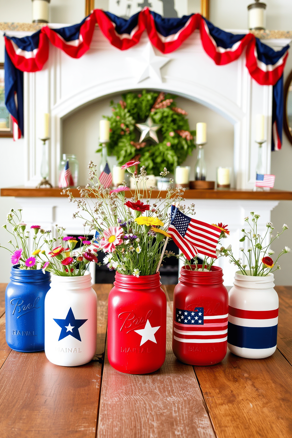 A collection of DIY painted mason jars arranged as a centerpiece on a rustic wooden table. Each jar is painted in red white and blue with stars and stripes designs and filled with fresh wildflowers for a festive touch. A beautifully decorated mantel for Independence Day featuring a mix of patriotic decor. Red white and blue bunting drapes across the mantel complemented by small flags and candles in mason jars for a warm inviting atmosphere.