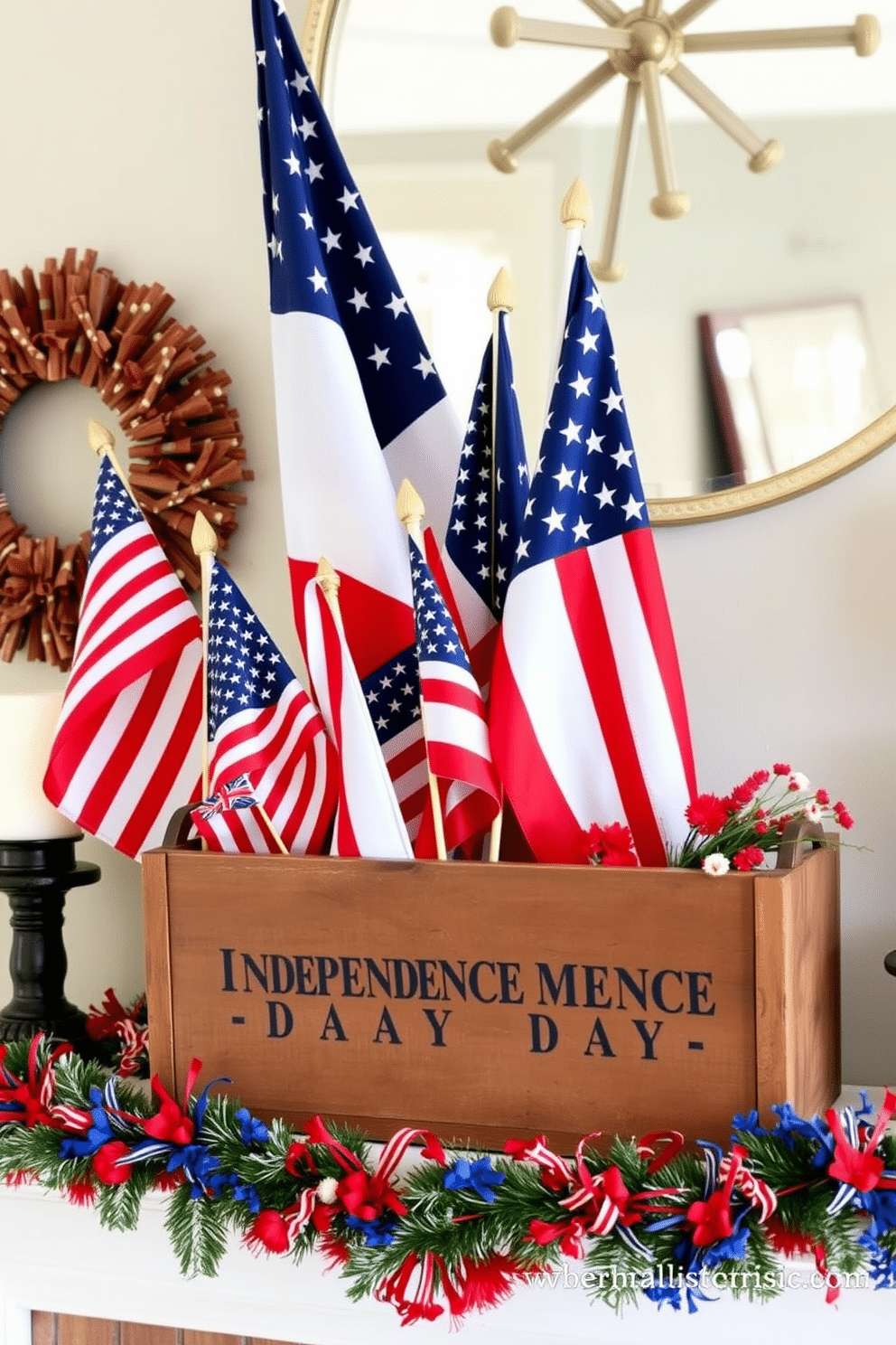 A rustic wooden box is filled with various flags representing the spirit of Independence Day. The box is placed on a mantel adorned with red white and blue decorations creating a festive atmosphere.